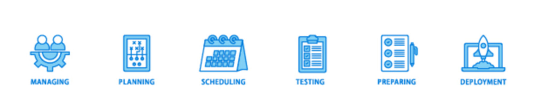 Release management icon set flow process illustrationwhich consists of managing, planning, scheduling, building, testing, preparing and deployment icon live stroke and easy to edit 