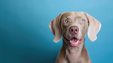 Studio headshot portrait of Weimaraner dog looking forward with a funny smirk against a blue background
