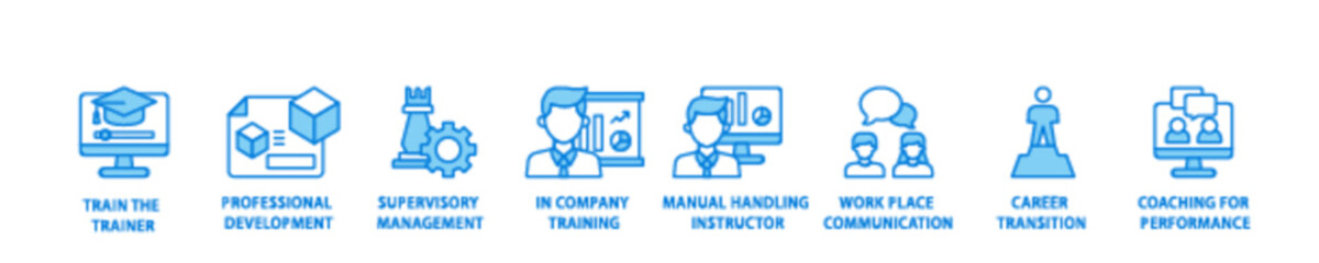 Training banner web icon illustration concept with icon of coaching, teaching, knowledge, development, learning, experience, and skills icon live stroke and easy to edit 