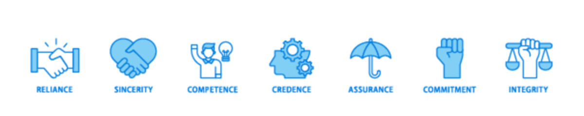 Trust banner web icon illustration concept with icon of integrity, credence, commitment, assurance, competence, sincerity, reliance icon live stroke and easy to edit 