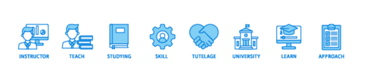 Tutoring banner web icon illustration concept with icon of approach, learn, skill, university, tutelage, studying, teach, instructor icon live stroke and easy to edit 