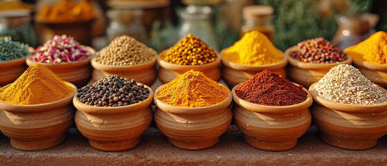 a close up of a bunch of bowls of different colored spices - Powered by Adobe