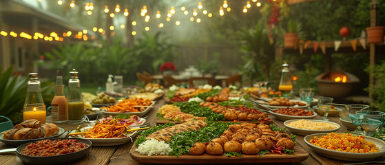 a many plates of food on a table with candles