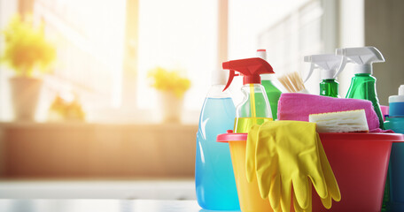 cleaning products, Copy space text, cleaning supplies, Home service, cleaning bucket, bokeh background House