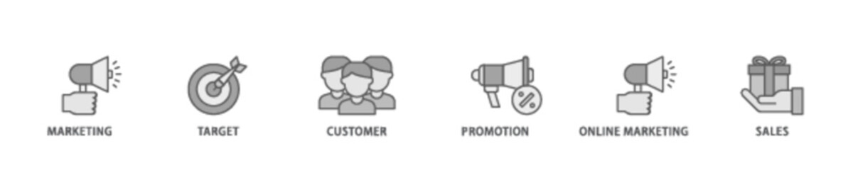 Advertising banner web icon illustration concept with icon of marketing, target, customer, promotion, online marketing, and sales icon live stroke and easy to edit 