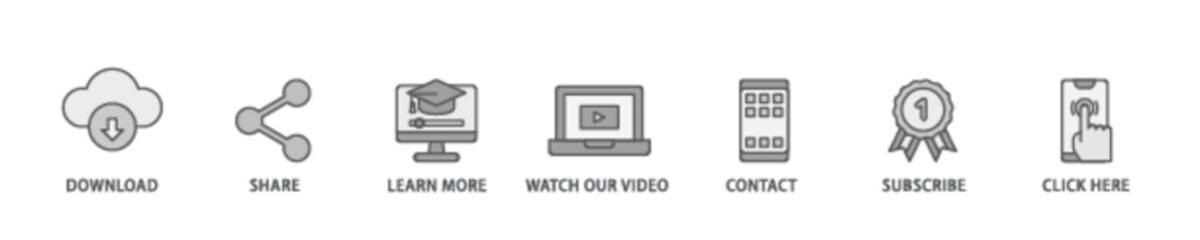 Obraz premium Call to action banner web icon illustration concept with icon of click here, watch our video, subscribe, contact, learn more, share, download icon live stroke and easy to edit 