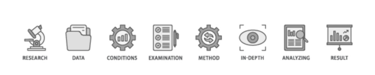Case study banner web icon illustration concept with icon of research, data, conditions, examination, method, in depth, analyzing, and result icon live stroke and easy to edit 