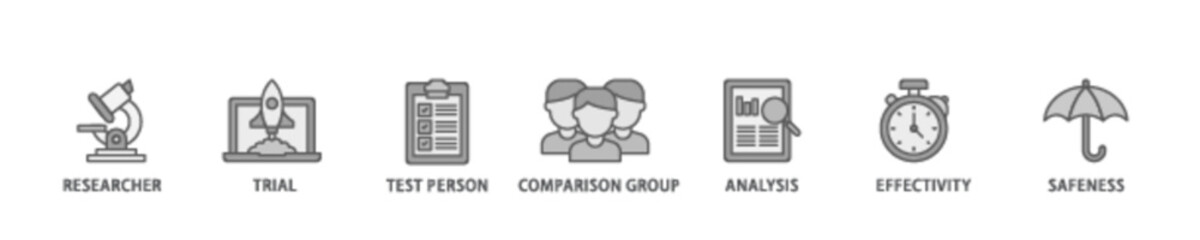 Clinical study banner web icon illustration concept with icon of researcher, trial, test person, comparison group, analysis, effectivity, and safeness icon live stroke and easy to edit 