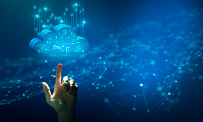 Businessman hand leading Cloud computing technology internet storage network. Cloud service, Cloud...