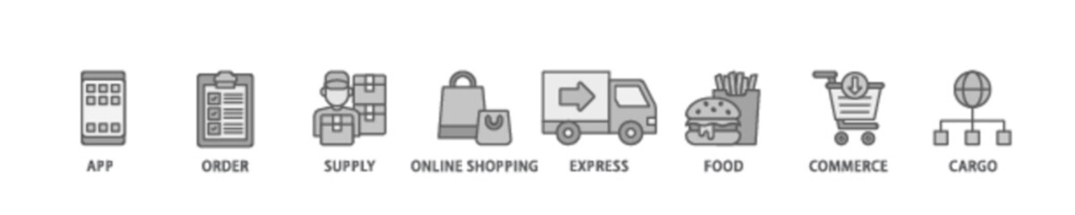 Delivery service banner web icon illustration concept with icon of cargo, commerce, online shopping, food, express, supply, order, app icon live stroke and easy to edit 