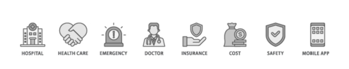Medical care banner web icon illustration concept with icon of hospital, health care, emergency, doctor, insurance, cost, safety, mobile app icon live stroke and easy to edit 