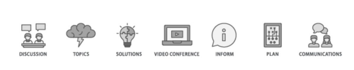 Obraz premium Meeting banner web icon illustration concept with icon of communications, topics, solutions, plan, inform and video conference icon live stroke and easy to edit 