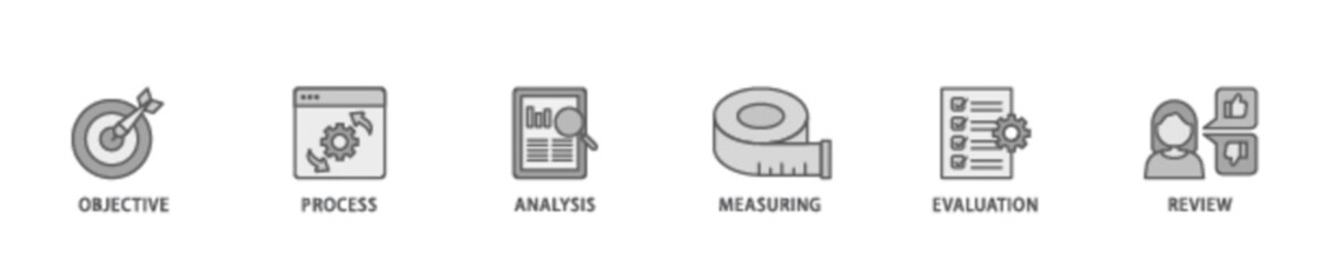 Monitoring banner web icon illustration concept with icon of objective, process, analysis, measuring, evaluation and review icon live stroke and easy to edit 