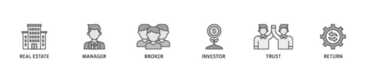 REIT banner web icon illustration concept with icon of real estate, manager, broker, investor, trust and return icon live stroke and easy to edit 