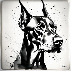 Unique Doberman Artwork: Sumi-inspired Japanese Style with Black and White Watercolor Ink"