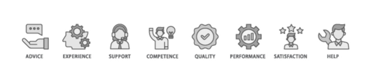 Service banner web icon illustration concept with icon of advice, experience, support, competence, quality, performance, satisfaction, help, and call center icon live stroke and easy to edit 