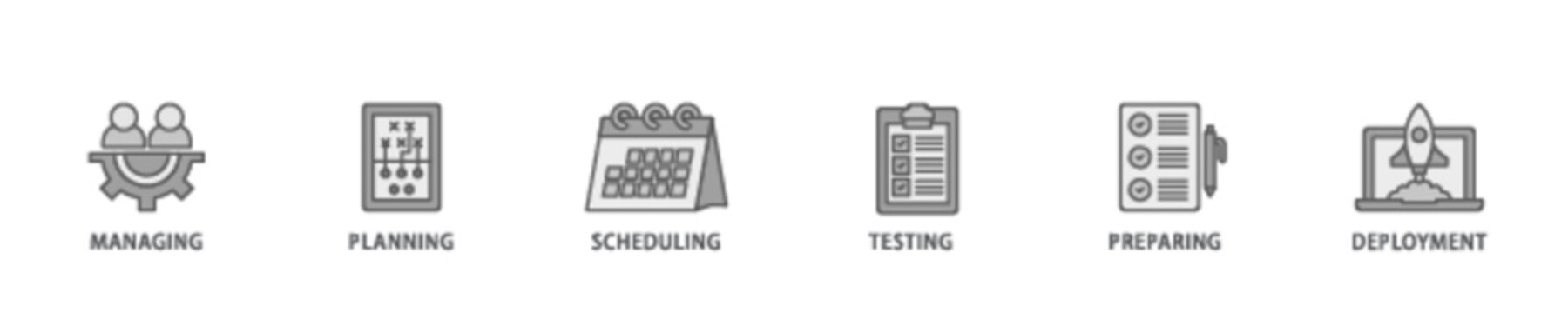 Release management banner web icon illustration concept with icon of managing, planning, scheduling, building, testing, preparing and deployment icon live stroke and easy to edit 
