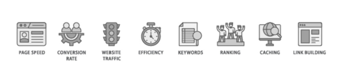 Website optimization banner web icon illustration concept with icon of page speed, conversion rate, website traffic, efficiency, keywords, ranking, caching  icon live stroke and easy to edit 