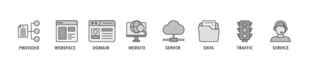 Obraz premium Web hosting banner web icon illustration concept with icon of provider, webspace, domain, website, server, data, traffic and service icon live stroke and easy to edit 