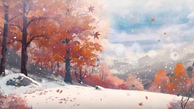 White Winter Landscape with Trees and Snow. Anime Illustration Style. Seamless Looping 4K Time-Lapse Video Animation Background