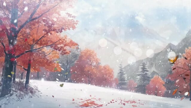Winter landscape with trees and snow. Cartoon or anime illustration style. seamless looping 4K time-lapse virtual video animation background