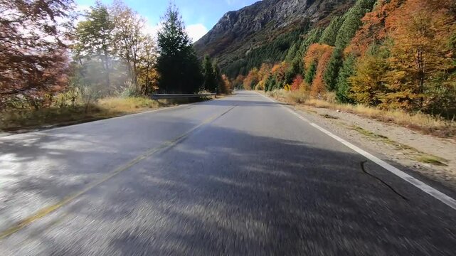 Traveling along the asphalt road in the mountains. View of the red forest trees in autumn at sunset.
