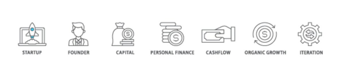 Bootstrapping icon set flow process illustrationwhich consists of startup, founder, capital, personal finance, cashflow, organic growth, and iteration icon live stroke and easy to edit 