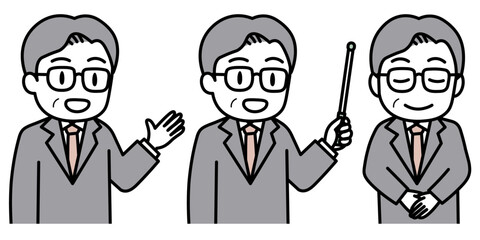 説明するスーツの男性のポーズセット