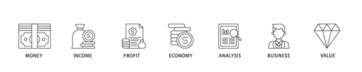 Cash flow icon set flow process illustrationwhich consists of money, income, profit, economy, analysis, business, and value icon live stroke and easy to edit 