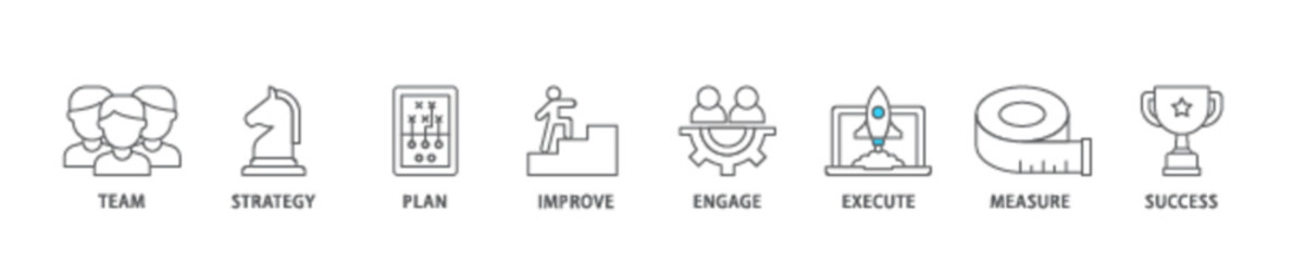 Change management icon set flow process illustrationwhich consists of team, strategy, plan, improve, engage, execute, measure, and success  icon live stroke and easy to edit 