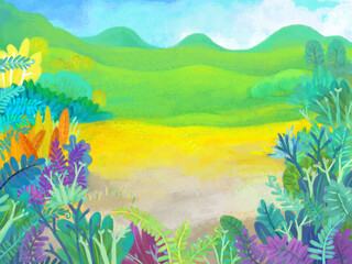 Fototapeta na wymiar cartoon scene with forest jungle meadow wildlife zoo scenery illustration for children