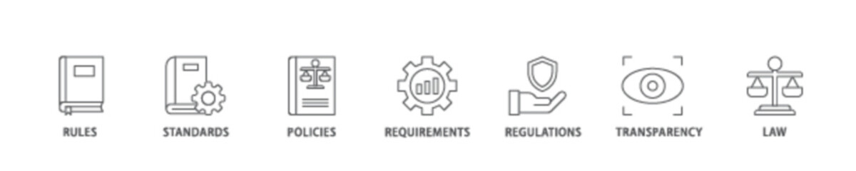 Compliance icon set flow process illustrationwhich consists of law, requirements, transparency, regulations, policies, standards, rules icon live stroke and easy to edit 