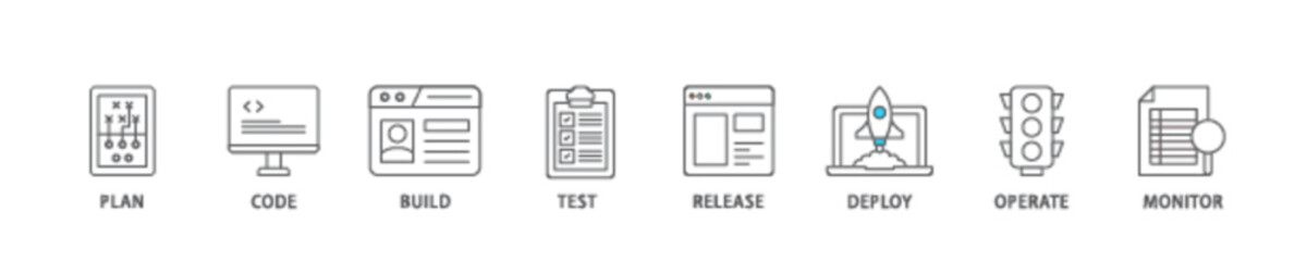 DevOps icon set flow process illustrationwhich consists of monitor, operate, test, deploy, release, build, code, plan icon live stroke and easy to edit 
