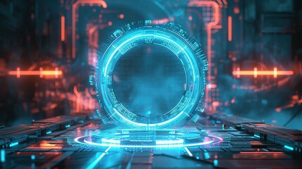 Background podium 3d light game circle blue neon stage screen hologram platform. Virtual 3D podium hud design technology background portal cyber tech cyberpunk digital element show space future room