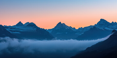 Fototapeta premium Swiss Alps snowy mountain range with valleys and meadows, countryside in Switzerland landscape. Golden hour majestic fiery sunset sky, travel destination wallpaper background