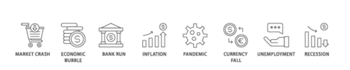 Economic crisis icon set flow process illustrationwhich consists of recession, unemployment, inflation, currency fall, pandemic, bank run icon live stroke and easy to edit 