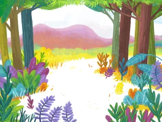 Gordijnen cartoon scene with forest jungle meadow wildlife zoo scenery illustration for children © honeyflavour