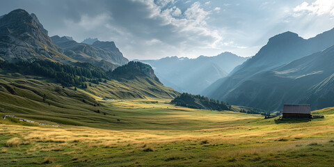 Swiss Alps mountain range with lush forest valleys and meadows, countryside in Switzerland landscape. Snowy mountain tops in the horizon, travel destination wallpaper background