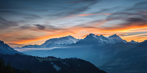 Fototapeta na wymiar Swiss Alps snowy mountain range with valleys and meadows, Switzerland landscape. Golden hour sunset, serene idyllic panorama, majestic nature, relaxation, calmness concept