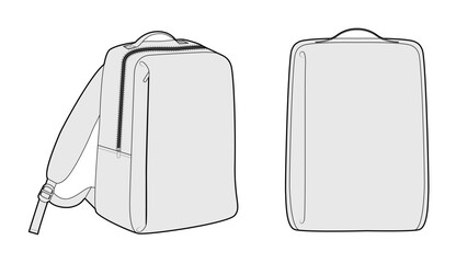 Laptop backpack silhouette bag. Fashion accessory technical illustration. Vector schoolbag front 3-4 view for Men, women, unisex style, flat handbag CAD mockup sketch outline isolated