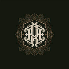 Victorian style monogram with initial AR or RA. Badge logo design. can be applied on stationery, invitations, signage, packaging, or even as a branding element and etc