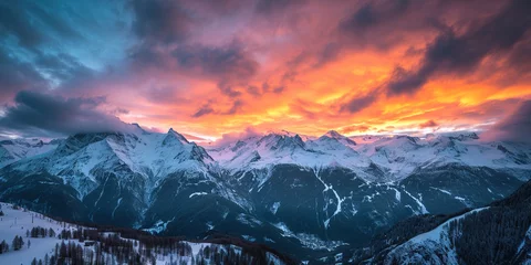 Gardinen Swiss Alps snowy mountain range with valleys and meadows, Switzerland landscape. Golden hour sunset, serene idyllic panorama, majestic nature, relaxation, calmness concept © Gajus