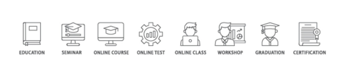 Online training icon set flow process illustrationwhich consists of education, seminar, online course, online test, online class, workshop, graduation, certification icon live stroke and easy to edit 