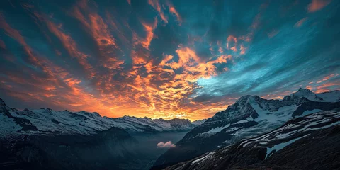  Swiss Alps snowy mountain range with valleys and meadows, countryside in Switzerland landscape. Golden hour majestic fiery sunset sky, travel destination wallpaper background © Gajus