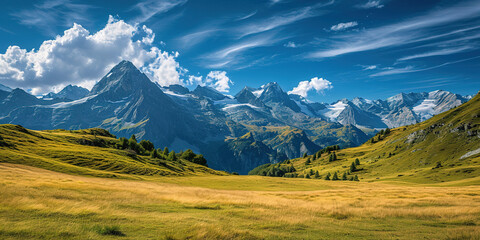 Swiss Alps mountain range with lush forest valleys and meadows, countryside in Switzerland landscape. Snowy mountain tops in the horizon, travel destination wallpaper background