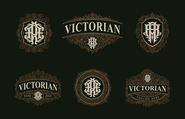 Victorian style monogram with initial AR or RA. Templates set designs. Can be applied on stationery, invitations, signage, packaging, or even as a branding element and etc - obrazy, fototapety, plakaty