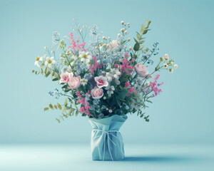 Bouquet of colorful spring flowers on blue background as decorative wallpaper illustration