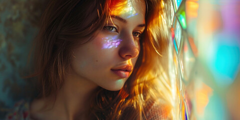 Young woman model in their 20s posing in a prism stained glass rainbow spectrum bright color lighting. Natural beauty, youth, face skin care, fashion and makeup concept background