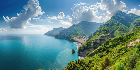Amalfi coast coastline in Sorrentine Peninsula, Campania region, Italy. Holiday destination shoreline with hills, beaches, and cliffs, sea view, blue sky day wallpaper background