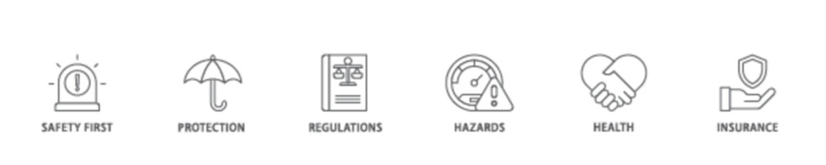 Work safety icon set flow process illustrationwhich consists of safety first, protection, regulations, hazards, health, and insurance  icon live stroke and easy to edit 